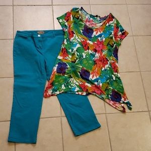 Bright Floral Top & Turquoise Capris
